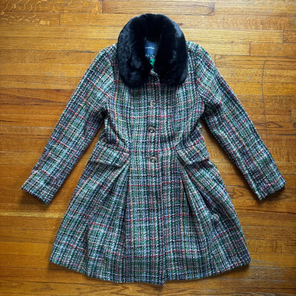 ModCloth Womens Multi Color Tweed Flare‎ Coat Faux Fur Collar Green Size M